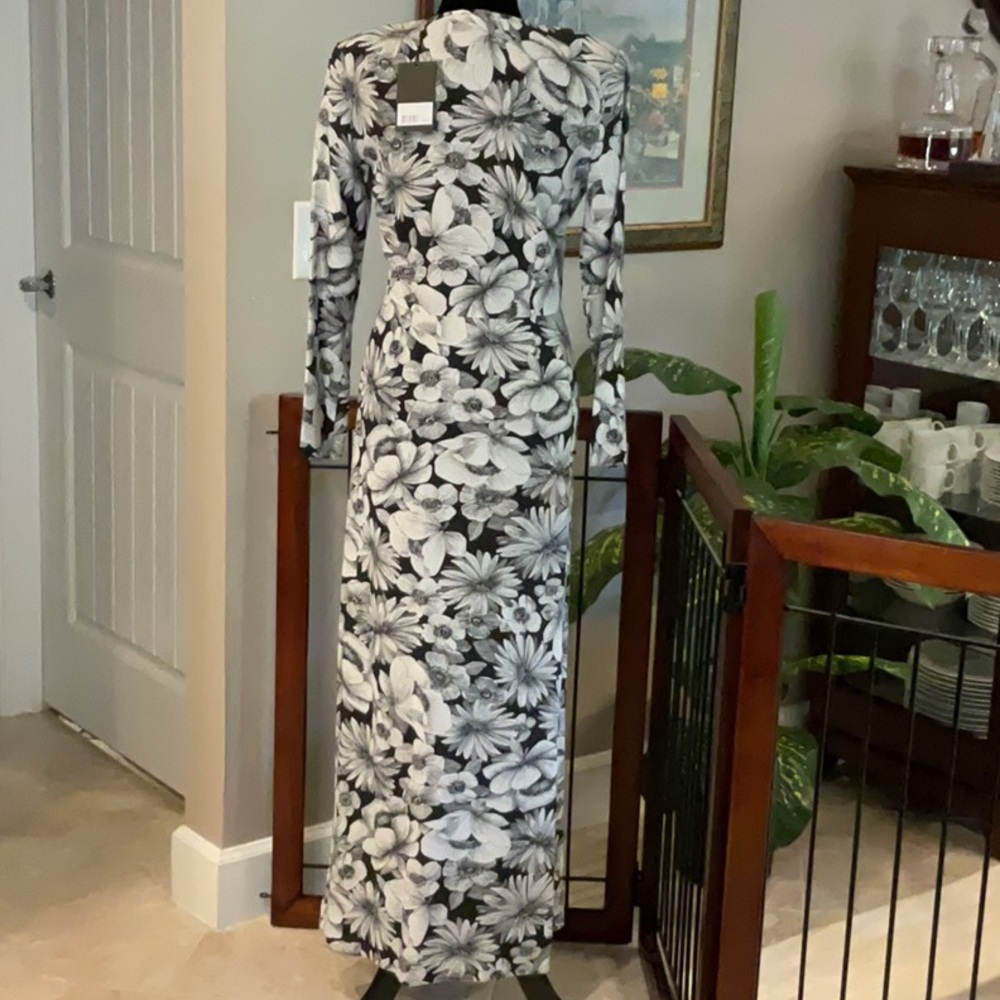 THE KOOPLES - Black & White Floral Silk Long Sleeve Maxi Dress - Picture 3 of 6